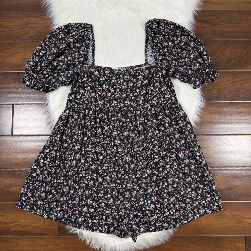 Selkie Women Size XXL Black Floral Garden Song Puff Sleeve Bunny Smocked Romper